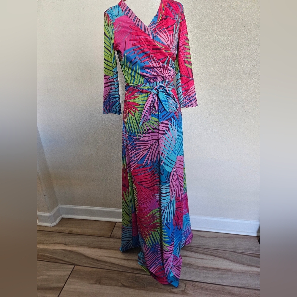Tropical Women's Multicolor Palm Print Faux Wrap Maxi Dress Size M. - Picture 5 of 13